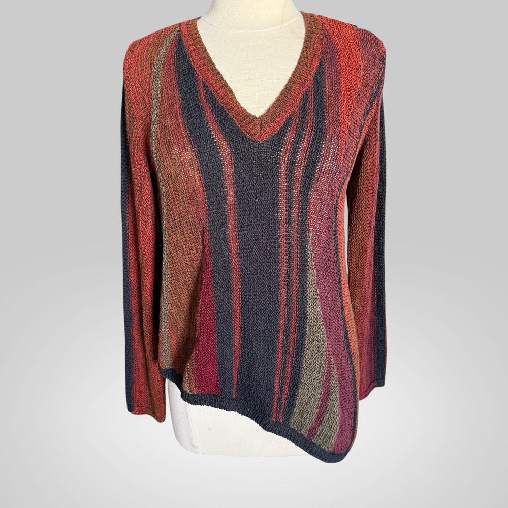 Curio Asymmetrical Art to Wear Sweater‎ Sz M Burgundy Multi V Neck Lagenlook
